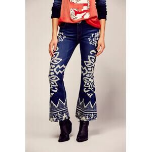 Free People Flare Jeans Boho Festival Denim Blue White Embroidered Pattern 26
